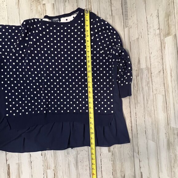 Chaps Sweater Women's 2X Blue White Polka Dot 3/4 Sleeve Ribbed Trim Crew Neck - Picture 7 of 7